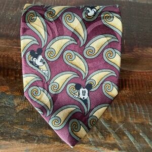 Vintage Hidden Mickey with Paisley 100% Silk Maroon Tie Approx 4"W 58"L RN73469